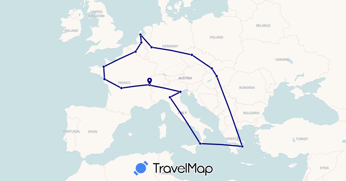 TravelMap itinerary: driving in Belgium, Czech Republic, Germany, France, Greece, Hungary, Italy, Netherlands, Slovakia (Europe)